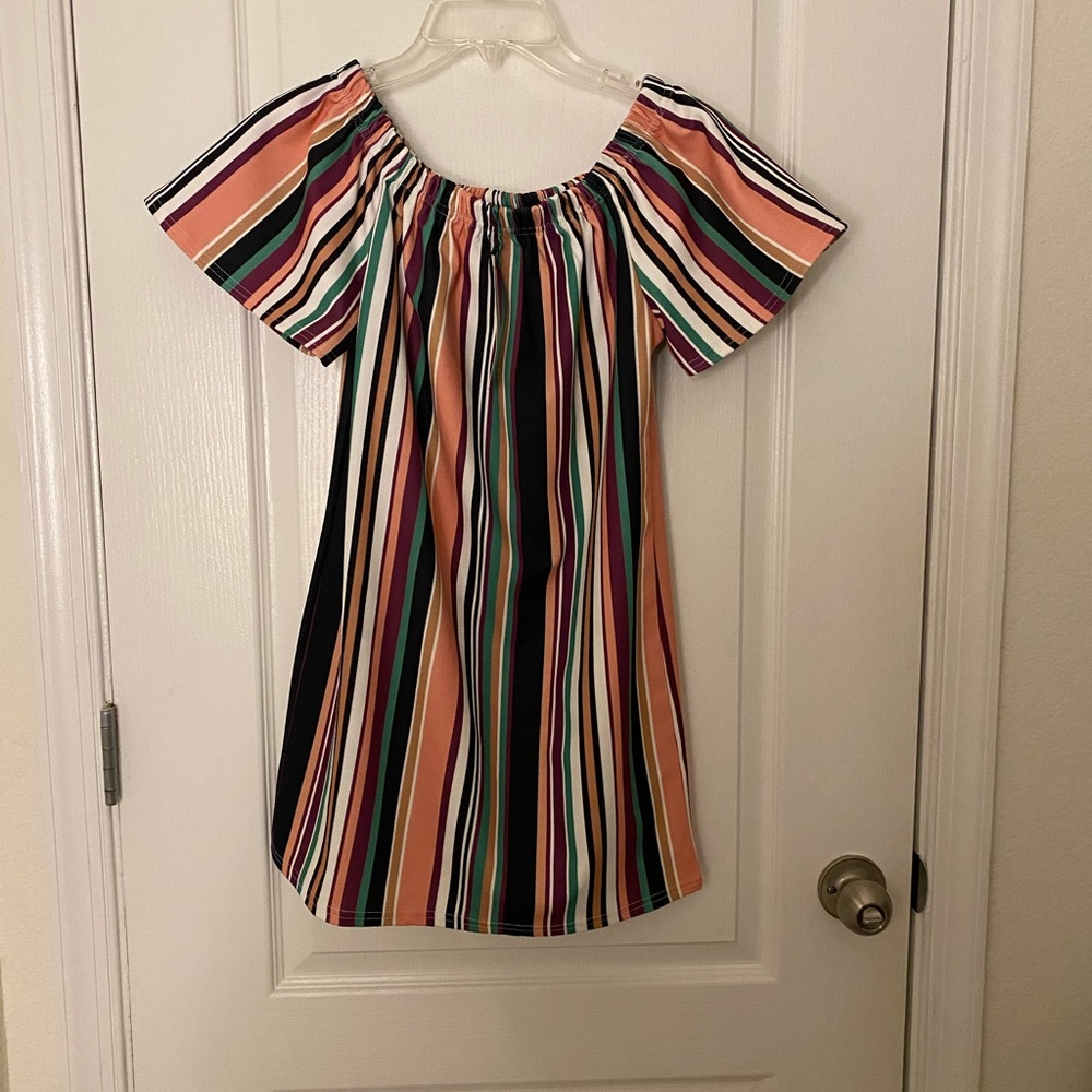Boohoo Lea Ruffle Off Shoulder Stripe Shift Dress